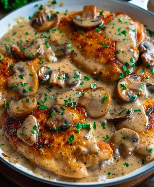 Chicken And Mushroom Skillet In A Creamy Asiago And Mustard Sauce